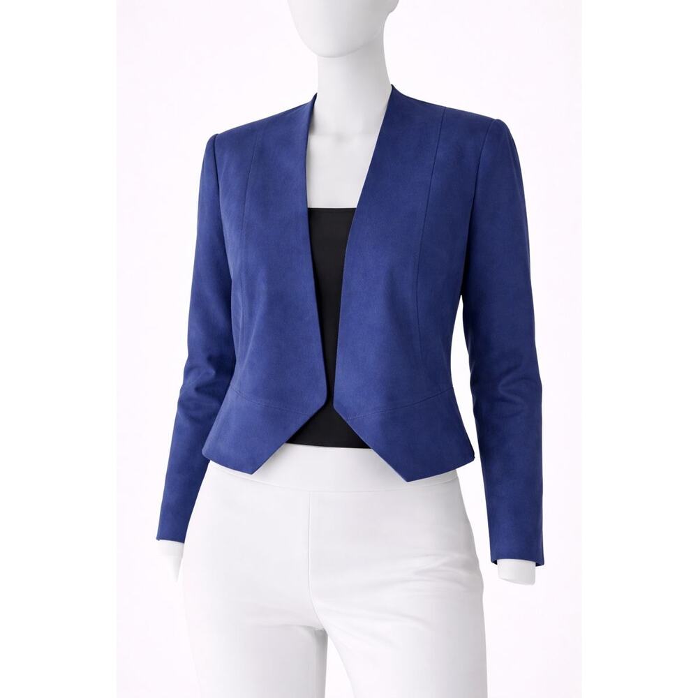 Chico’s Blue Cropped Open Front Blazer Jacket Womens Size 1 Stretch workwear